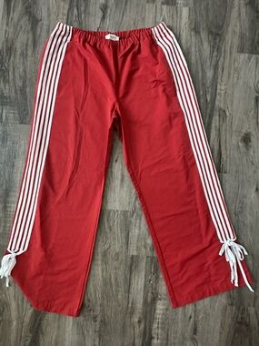 Cali 1850 Red Large Wide Leg Track Pants White Side Stripe Bow Tie Ankle NWOT